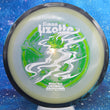 Load image into Gallery viewer, Top-down view of an Axiom Aspect fairway driver disc golf disc in Eclipse Glow plastic with a black and blue overmold rim and a white, green, and lime foil Simon Lizotte Halloween Tour Series stamp.
