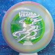 Load image into Gallery viewer, Top-down view of an Axiom Aspect fairway driver disc golf disc in Eclipse Glow plastic with a blue and pink overmold rim and a white, green, and lime foil Simon Lizotte Halloween Tour Series stamp.
