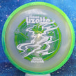 Load image into Gallery viewer, Top-down view of an Axiom Aspect fairway driver disc golf disc in Eclipse Glow plastic with a lime and dark green overmold rim and a white, green, and lime foil Simon Lizotte Halloween Tour Series stamp.
