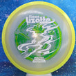 Load image into Gallery viewer, Top-down view of an Axiom Aspect fairway driver disc golf disc in Eclipse Glow plastic with a yellow overmold rim and a white, green, and lime foil Simon Lizotte Halloween Tour Series stamp.
