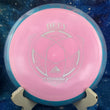 Load image into Gallery viewer, Top-down view of a pink Axiom Defy distance driver disc golf disc in Fission plastic with a blue and pink GYRO overmold rim and silver foil stock Defy stamp.
