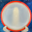 Load image into Gallery viewer, Top-down view of a blank white Eclipse glow Axiom Insanity fairway driver disc golf disc featuring a red swirl GYRO rim.
