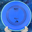 Load image into Gallery viewer, Top-down view of a blue Axiom Proxy putt and approach disc golf disc in Electron Firm plastic featuring a teal GYRO overmold rim and black foil stock Proxy stamp.
