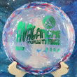 Load image into Gallery viewer, Top-down view of a brand-new red, white, and blue swirled DGA Avalanche fairway driver disc golf disc in Granite plastic with a green holographic foil Andrew Marwede 2025 Tour Series stamp.
