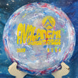 Load image into Gallery viewer, Top-down view of a brand-new red, white, and blue swirled DGA Avalanche fairway driver disc golf disc in Granite plastic with a matte yellow foil Andrew Marwede 2025 Tour Series stamp.
