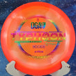 Load image into Gallery viewer, Top-down view of an orange sparkle DGA Catrina Allen Typhoon distance driver disc golf disc in Atmos Sparkle plastic featuring a rainbow stars foil Typhoon stamp.
