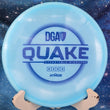 Load image into Gallery viewer, Top-down view of a light blue DGA Quake midrange disc golf disc in Atmos Sparkle plastic featuring a matte dark blue stock Quake stamp.
