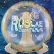 Load image into Gallery viewer, Top-down view of a yellow speckled DGA Rogue distance driver disc golf disc in Granite plastic featuring a 2025 Eliezra Midtlyng Tour Series foil stamp.
