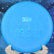 Load image into Gallery viewer, Top-down view of a blue swirl DGA Sonar putt and approach disc golf disc in D-Line Stone plastic featuring a blue shatter foil stock Sonar stamp.
