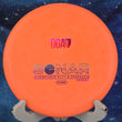 Load image into Gallery viewer, Top-down view of an orange DGA Sonar putt and approach disc golf disc in D-Line Stone plastic featuring a multi-color shimmer foil stock Sonar stamp.
