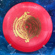 Load image into Gallery viewer, Top-down view of a red DGA Undertow hybrid control driver disc golf disc in ProLine plastic featuring a gold foil Black Hole special edition stamp.
