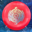 Load image into Gallery viewer, Top-down view of a red DGA Undertow hybrid control driver disc golf disc in ProLine plastic featuring a silver shimmer foil Black Hole special edition stamp.
