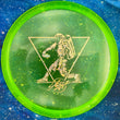 Load image into Gallery viewer, Top-down view of a translucent lime green Discmania MD3 midrange disc golf disc in C-Line plastic featuring a silver bubble foil Alden Harris Throwing Astro stamp.
