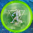 Load image into Gallery viewer, Top-down view of a translucent lime green Discmania MD3 midrange disc golf disc in C-Line plastic featuring a silver shatter foil Alden Harris Throwing Astro stamp.
