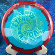 Load image into Gallery viewer, Top-down view of a red and teal Horizon S-Line Discmania MD4 midrange disc golf disc featuring a light teal foil Kyle Klein Signature Series stamp.
