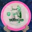 Load image into Gallery viewer, Top-down view of a pink and white Discmania Vanguard fairway driver disc golf disc in Horizon S-Line plastic featuring a green holographic foil Kyle Klein Creator Series stamp.
