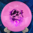 Load image into Gallery viewer, Top-down view of a brand-new pink Dynamic Discs Escape fairway driver disc golf disc in BioFuzion plastic with a pink foil custom Unearthed stamp.
