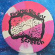 Load image into Gallery viewer, Top-down view of a brand new white, pink, and red swirl First Run Elevation Discs Screech overstable approach disc golf disc in EcoFLEX rubber featuring a black matte owl foil stamp.
