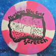 Load image into Gallery viewer, Top-down view of a brand new white, pink, and red swirl First Run Elevation Discs Screech overstable approach disc golf disc in EcoFLEX rubber featuring a black matte owl foil stamp.
