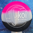Load image into Gallery viewer, Top-down view of a brand new ditchotomy pink, white, and black GLO-G Elevation Discs Koi putt and approach disc golf disc featuring a white matte koi fish foil stamp.

