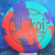 Load image into Gallery viewer, Top-down view of a brand new purple, teal, and red swirl Elevation Discs Koi putt and approach disc golf disc in EcoFLEX rubber featuring a black matte koi fish foil stamp.
