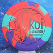 Load image into Gallery viewer, Top-down view of a brand new purple, teal, and red swirl Elevation Discs Koi putt and approach disc golf disc in EcoFLEX rubber featuring a black matte koi fish foil stamp.

