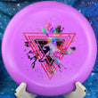 Load image into Gallery viewer, Top view of a Purple Innova JK Pro Aviar putter featuring a colorful "Jellybean" holographic 2-foil "Neon Astro" Special Edition astronaut stamp on a cosmic blue background.
