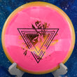 Load image into Gallery viewer, Top-down view of a yellow and pink Innova Boss distance driver disc golf disc in Halo Star plastic with an orange and black two-foil Special Edition Neon Astro stamp.
