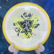 Load image into Gallery viewer, Top-down view of a yellow and white Innova Boss distance driver disc golf disc in Halo Star plastic with a neon yellow and black two-foil Special Edition Neon Astro stamp.
