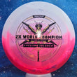 Load image into Gallery viewer, Top-down view of an Innova Destroyer Eveliina Salonen Commemorative distance driver disc golf disc in white and pink Party Time Duo plastic with a black and gold holographic foil stamp scaled at 173g.
