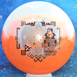 Load image into Gallery viewer, Top-down view of an Innova Teebird Rainers Balodis Commemorative fairway driver in white and lime Duo Star plastic with black and light blue holo foil stamp scaled at 173g.
