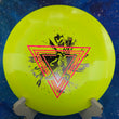 Load image into Gallery viewer, Top-down view of a yellow Innova XCaliber distance driver disc golf disc in Star plastic featuring a pink and black dual-foil Neon Astro special edition stamp.
