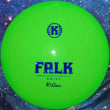 Load image into Gallery viewer, Top view of a Poison Green Kastaplast Falk fairway driver in K1 Line plastic with a Blue Shimmer holographic stamp on a cosmic blue background.
