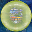Load image into Gallery viewer, Top-down view of a lime swirl Mint Discs Mustang midrange disc golf disc in Sublime Swirl plastic featuring a silver holographic foil Unearthed special edition stamp.
