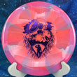 Load image into Gallery viewer, Top-down view of a pink, orange, and teal swirl Mint Discs Phoenix fairway driver disc golf disc in Apex Swirl plastic featuring a foil Unearthed special edition stamp.
