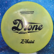 Load image into Gallery viewer, Top-down view of a pre-owned lime and yellow swirl 2022 Ledgestone limited edition Discraft Drone very overstable midrange disc golf disc in Z Swirl plastic scaled at 178g in 7 out of 10 inked condition.

