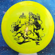 Load image into Gallery viewer, Top-down view of a pre-owned neon yellow Discraft Hades high-glide understable distance driver disc golf disc in Big Z plastic scaled at 173g in 8 out of 10 inked condition.
