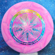 Load image into Gallery viewer, Top-down view of a pre-owned pink and purple swirl Discraft UltraStar Luna putt and approach disc golf disc in Battle Pack ESP plastic scaled at 172g in 8 out of 10 uninked condition.
