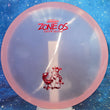 Load image into Gallery viewer, Top-down view of a pre-owned pink Discraft Zone OS ultra-overstable approach disc golf disc in Ledgestone CryZtal Glow FLX plastic scaled at 173g in 9 out of 10 inked condition.
