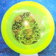 Load image into Gallery viewer, Top-down view of a pre-owned neon yellow Dynamic Discs Felon stock stamp fairway driver disc golf disc in Lucid plastic scaled at 176g in brand new 10 out of 10 uninked condition.
