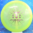 Load image into Gallery viewer, Top-down view of a pre-owned lime green Dynamic Discs Felon stock stamp fairway driver disc golf disc in Lucid Glimmer plastic scaled at 173g in brand new 10 out of 10 uninked condition.
