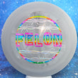 Load image into Gallery viewer, Top-down view of a pre-owned grey and white Dynamic Discs Felon Special Edition featuring a rainbow shatter stamp in Prime plastic scaled at 173g in brand new 10 out of 10 uninked condition.
