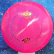 Load image into Gallery viewer, Top-down view of a pre-owned neon pink 2018 Glass Blown Open Truly Unique edition Westside Discs Warship midrange disc golf disc in VIP plastic scaled at 168g in brand new 10 out of 10 uninked condition.
