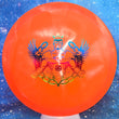 Load image into Gallery viewer, Top-down view of a pre-owned neon orange Truly Unique Trilogy Man edition Westside Discs Warship midrange disc golf disc in VIP plastic scaled at 173g in brand new 10 out of 10 uninked condition.
