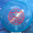 Load image into Gallery viewer, Top-down view of a pre-owned blue Two Dogs Trilogy Man edition Westside Discs Warship midrange disc golf disc in VIP Metal Flake plastic scaled at 174g in brand new 10 out of 10 uninked condition.
