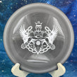 Load image into Gallery viewer, Top-down view of a pre-owned gray and white 2017 Trilogy Man Westside Harp approach disc golf disc in flexible BT Mega Soft plastic scaled at 173g in 9.5 out of 10 uninked storage wear condition.
