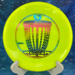 Load image into Gallery viewer, Top-down view of a pre-owned neon yellow Disc Golf Pro Tour (DGPT) stamped Westside Harp approach disc golf disc in VIP plastic.
