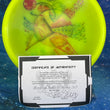 Load image into Gallery viewer, Top-down view of a pre-owned 17 of 25 Flying Tiger Badass Discs DyeMax Westside Harp approach disc golf disc scaled at 173g in brand new 10 out of 10 uninked collector condition.
