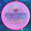 Load image into Gallery viewer, Top-down view of a pre-owned neon pink Handeye Supply Co stamp Westside Harp approach disc golf disc in VIP Ice Chameleon plastic scaled at 174g in brand new 10 out of 10 uninked condition.
