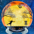 Load image into Gallery viewer, Top-down view of a pre-owned Happy Halloween Trilogy Man full-color DyeMax Westside Harp approach disc golf disc scaled at 174g in brand new 10 out of 10 uninked condition.

